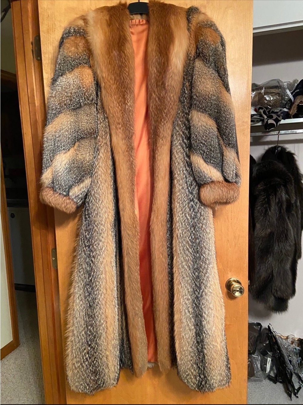 Gorgeous full length red and grey fox fur coat